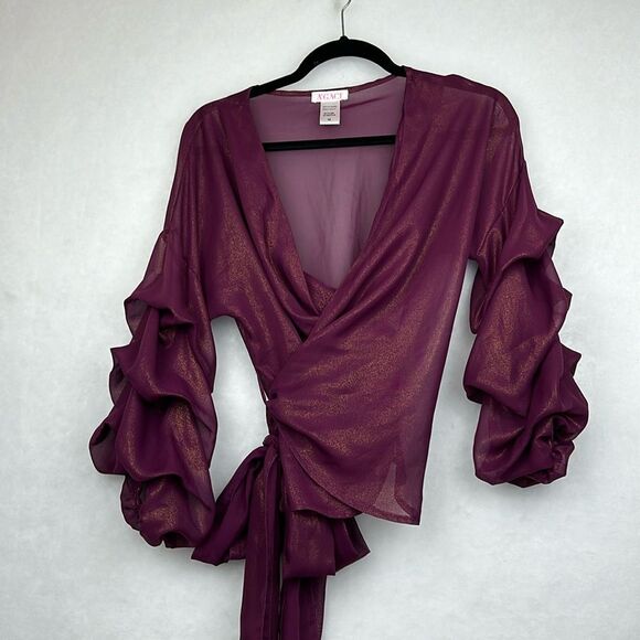 Burgundy Sheer Wrap Top Sz M Tiered Statements Sleeves elastic cuffs - Picture 5 of 11